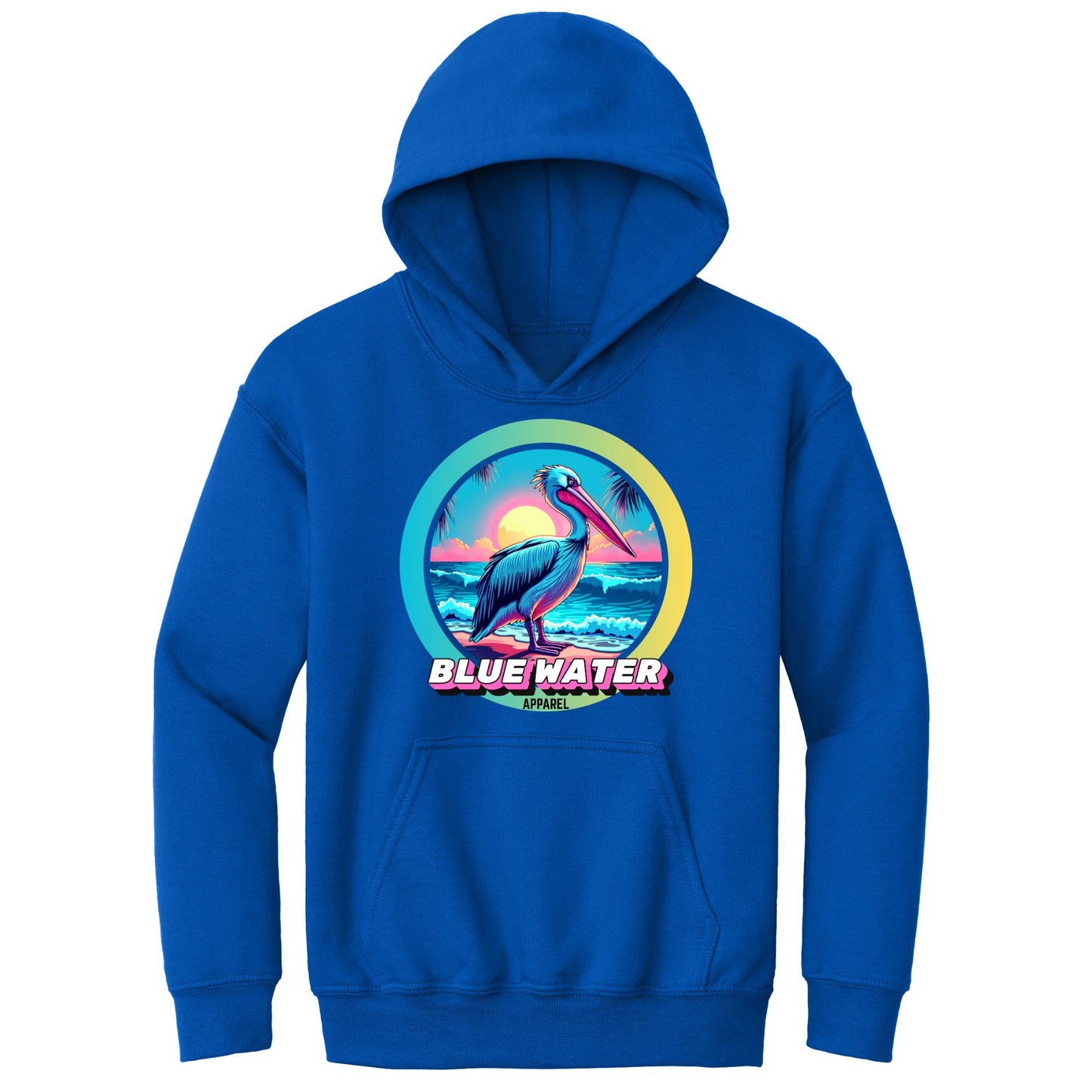 flat lay royal retro pelican kids hoodie by blue water apparel