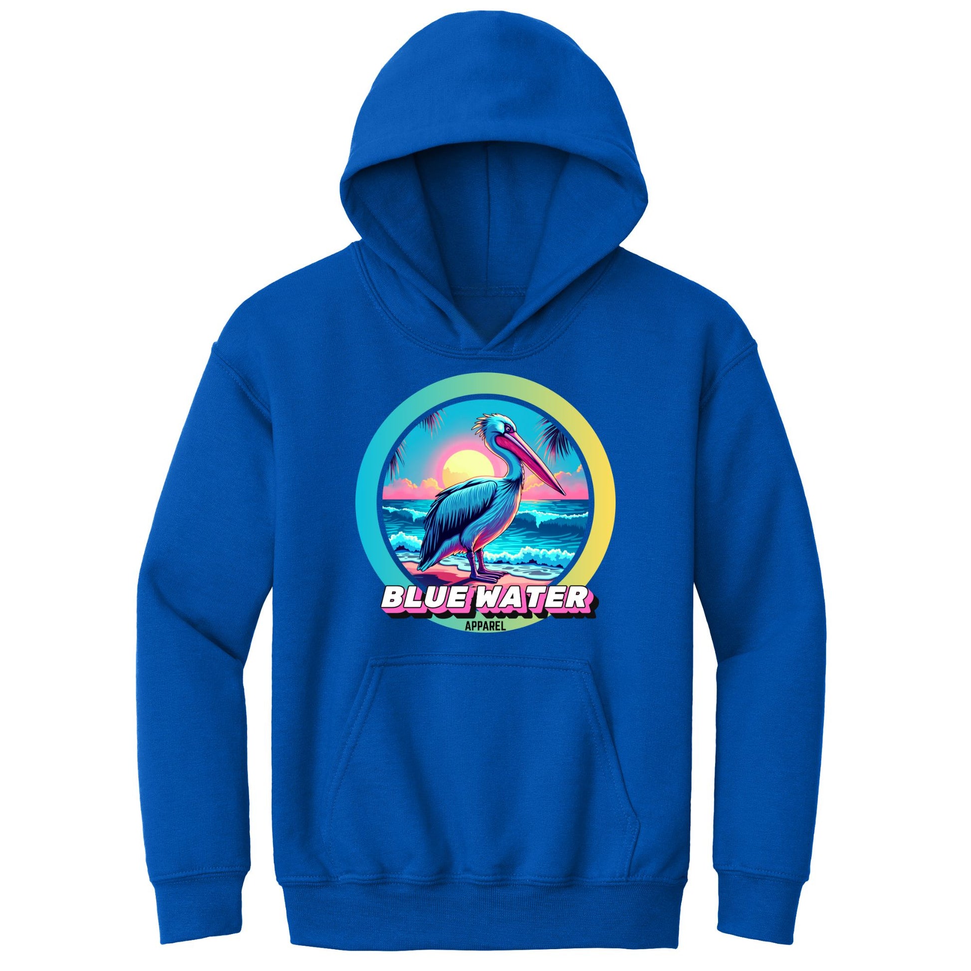 flat lay royal retro pelican kids hoodie by blue water apparel