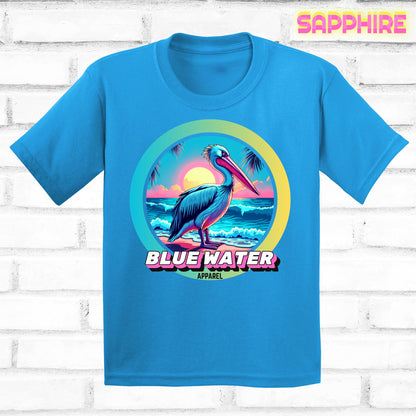 Front lay sapphire retro pelican tee by blue water apparel