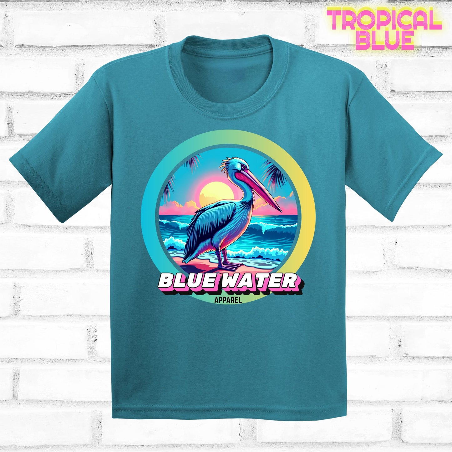 Front lay tropical blue retro pelican tee by blue water apparel