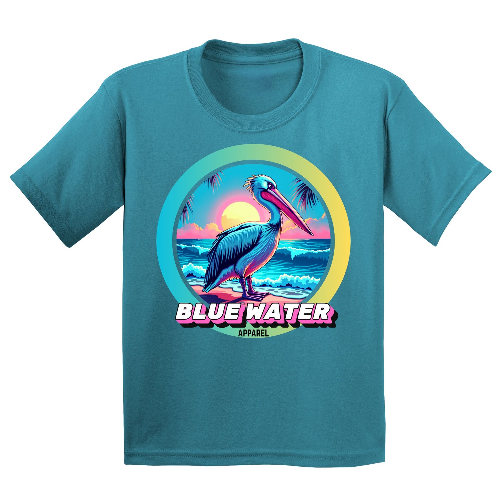flat lay tropical blue retro pelican kids tee by blue water apparel
