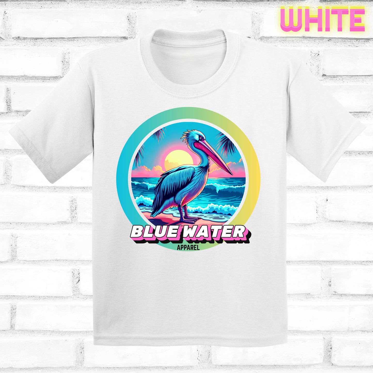 Front lay white retro pelican tee by blue water apparel