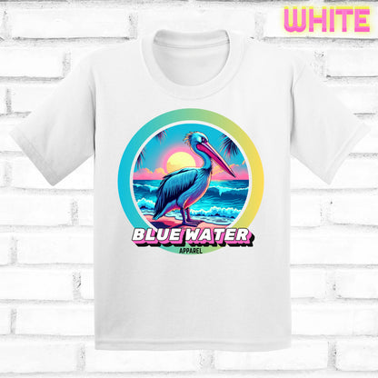Front lay white retro pelican tee by blue water apparel