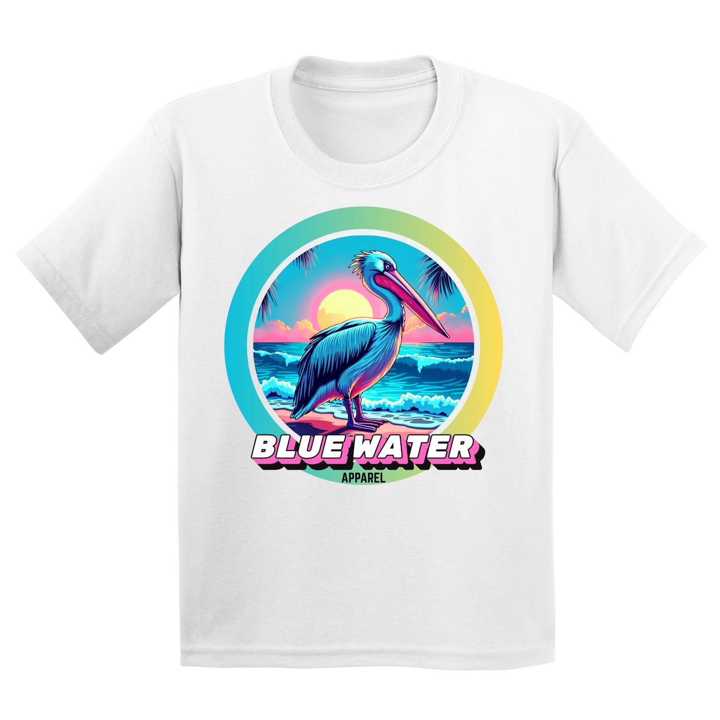 flat lay white retro pelican kids tee by blue water apparel