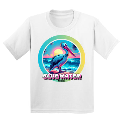 flat lay white retro pelican kids tee by blue water apparel