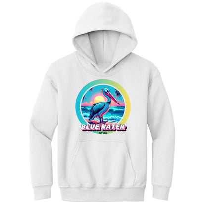 flat lay white retro pelican kids hoodie by blue water apparel
