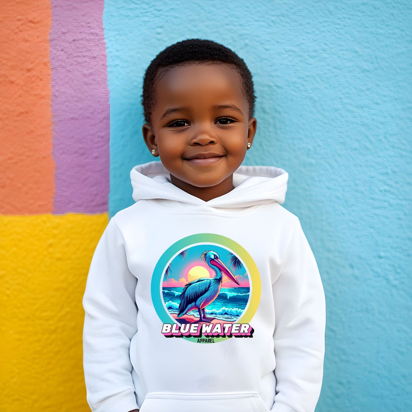 child model against colorful block wall wearing white retro pelican kids hoodie by blue water apparel
