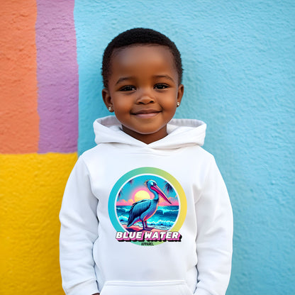child model against colorful block wall wearing white retro pelican kids hoodie by blue water apparel