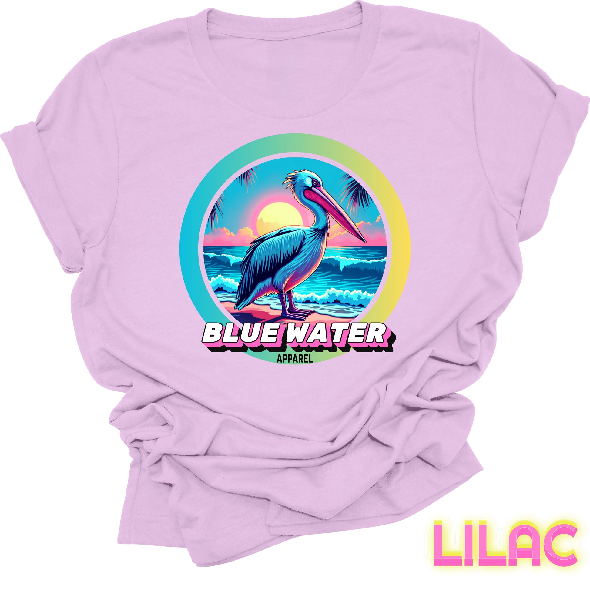 flat lay front graphic lilac retro pelican tee by blue water apparel
