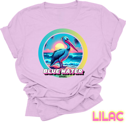 flat lay front graphic lilac retro pelican tee by blue water apparel