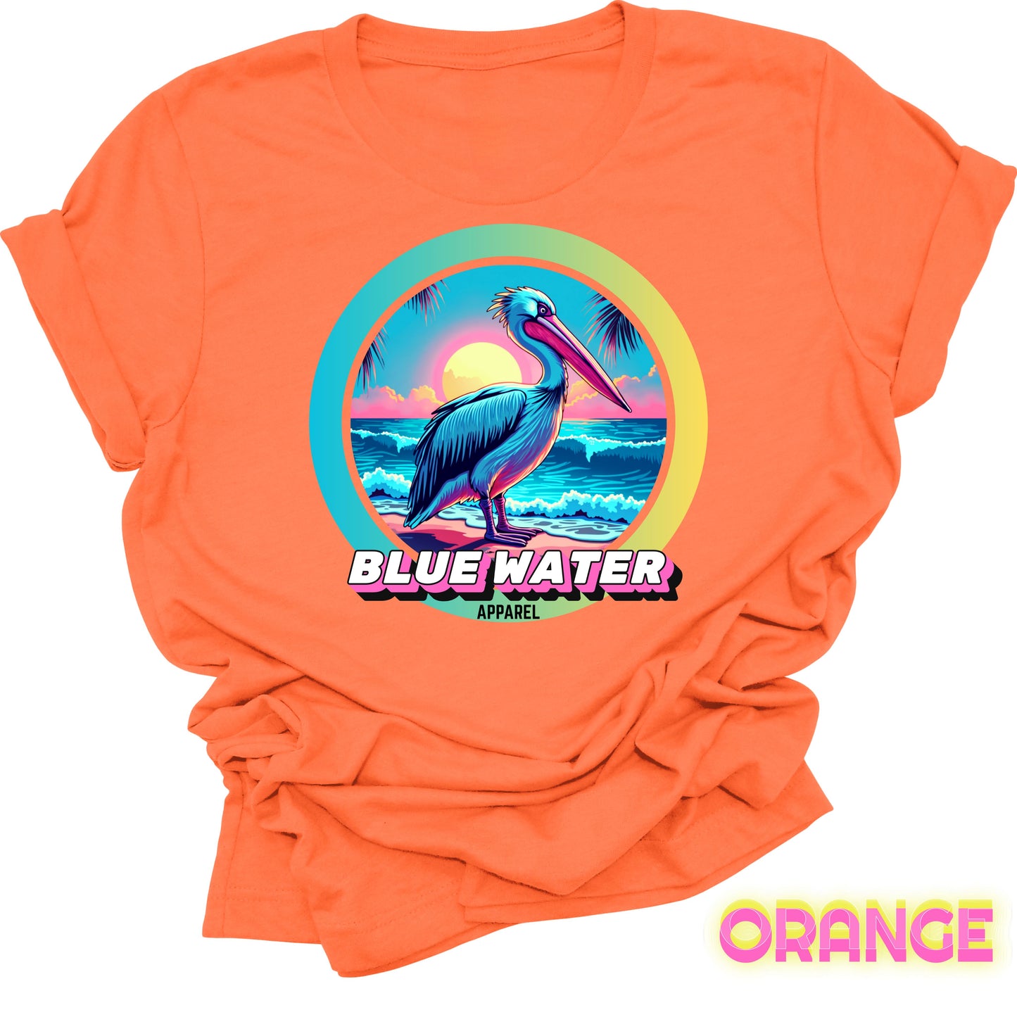 flat lay front graphic orange retro pelican tee by blue water apparel