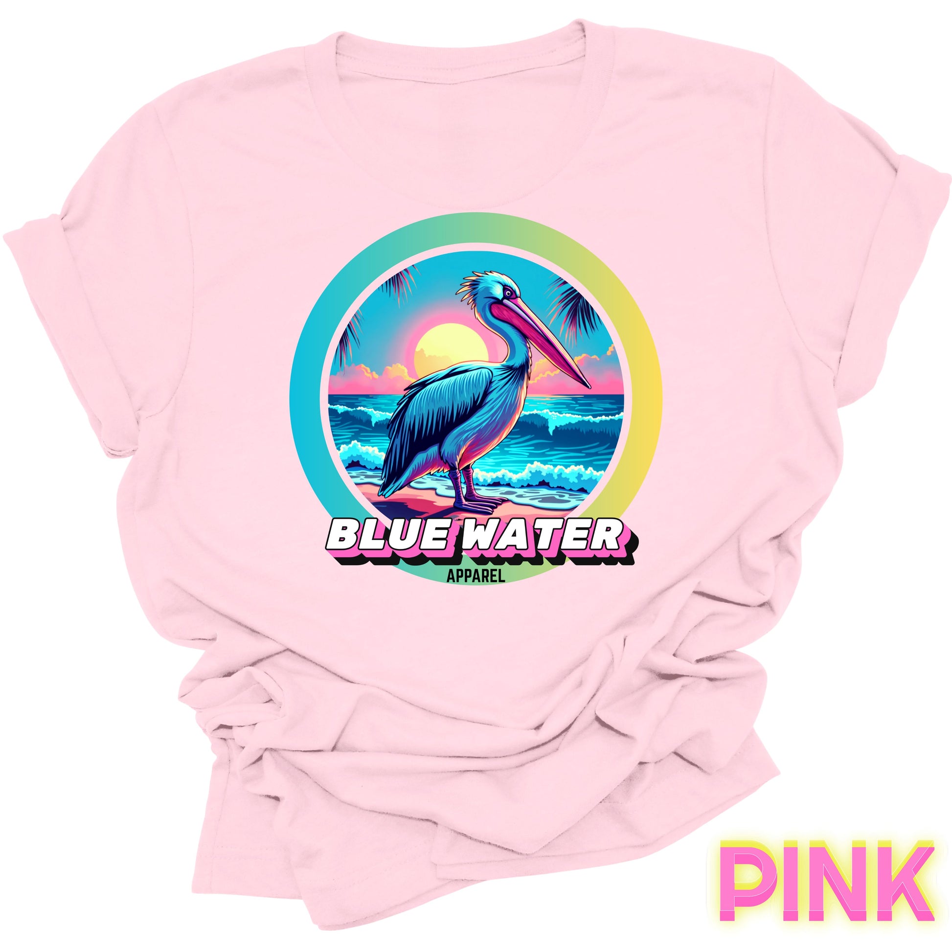 flat lay front graphic pink retro pelican tee by blue water apparel