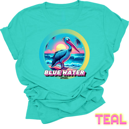 flat lay front graphic teal retro pelican tee by blue water apparel