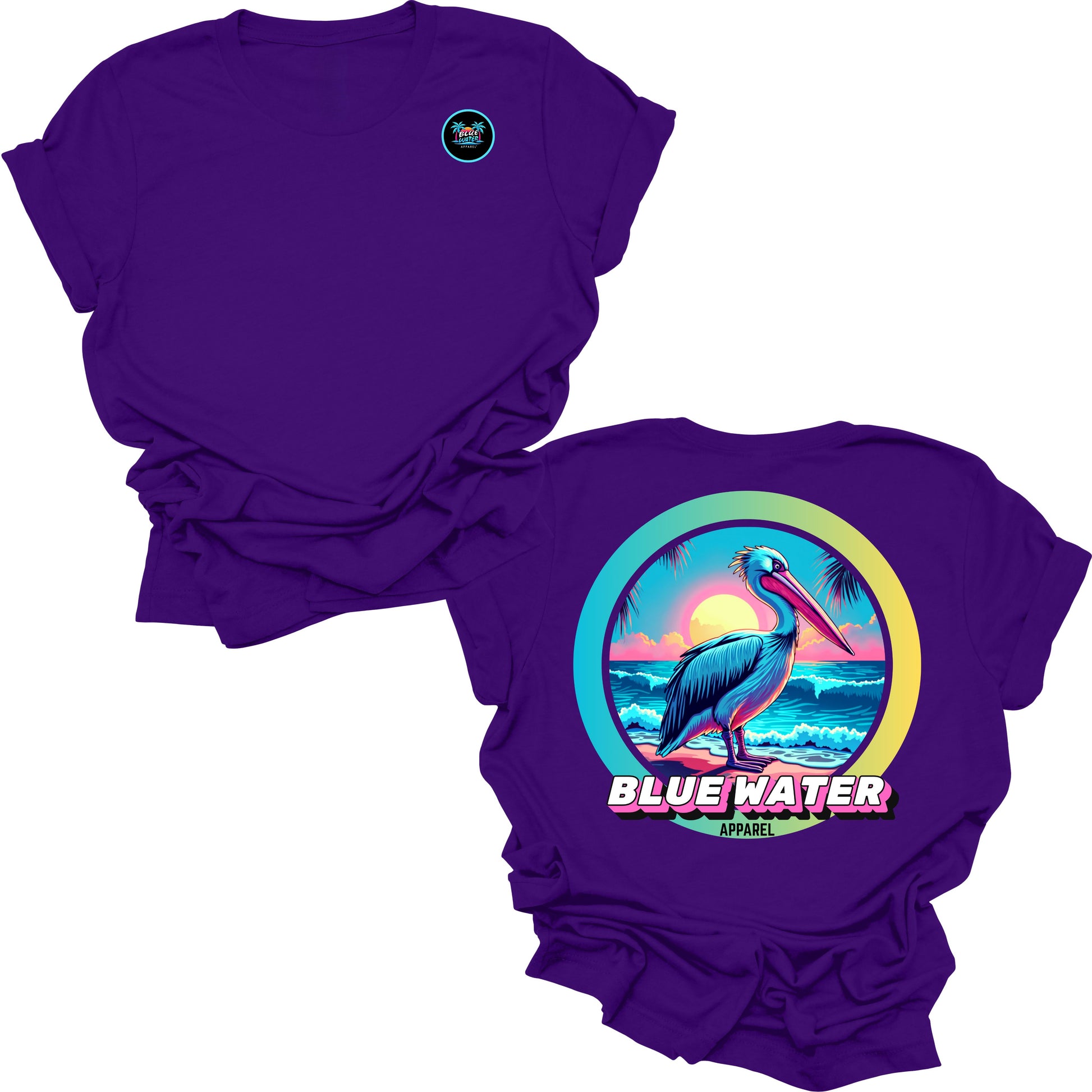 Flat lay team purple retro pelican tee by blue water apparel