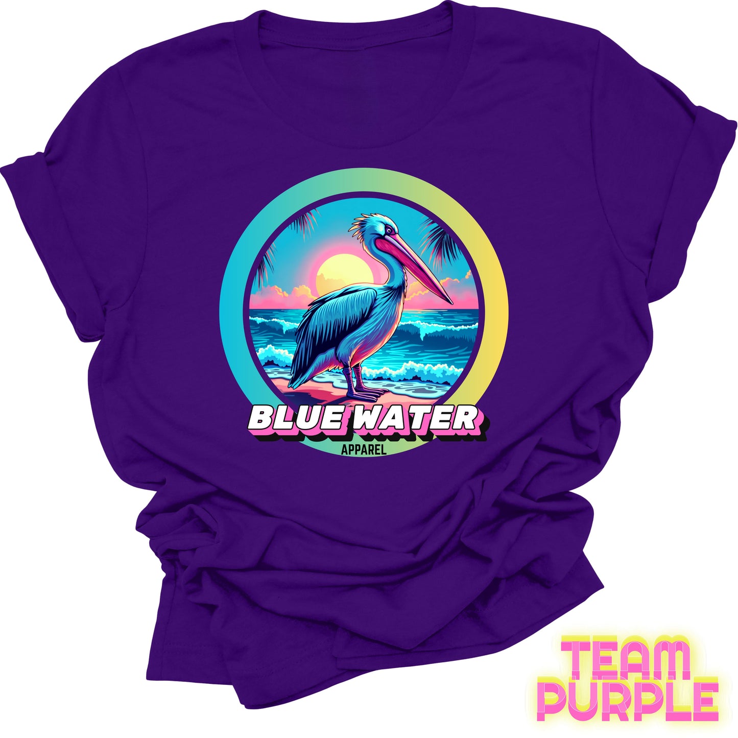 flat lay front graphic team purple retro pelican tee by blue water apparel