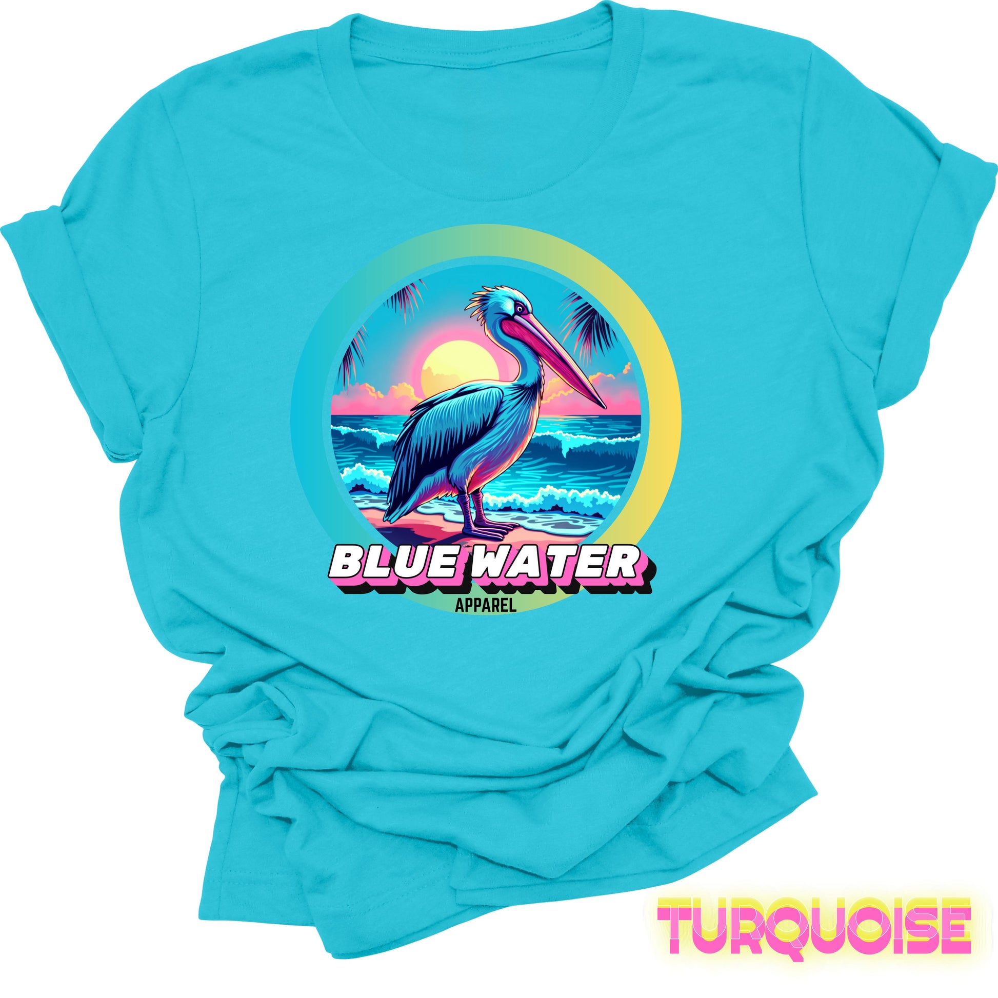 flat lay front graphic turquoise retro pelican tee by blue water apparel