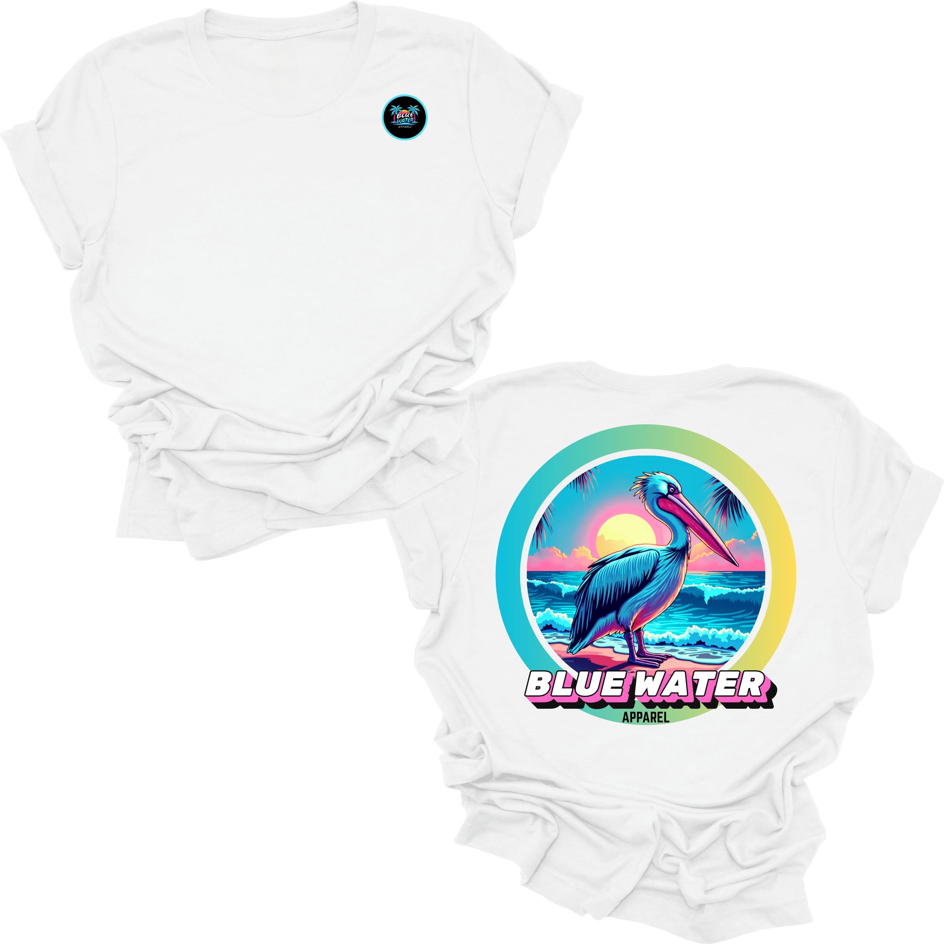 Flat lay white retro pelican tee by blue water apparel