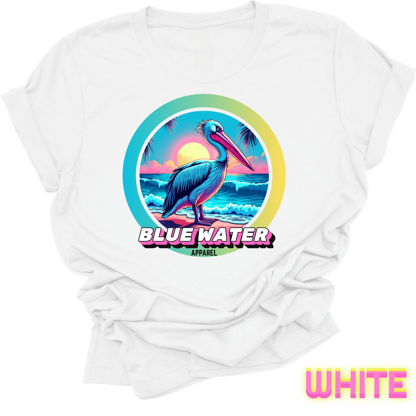 flat lay front graphic white retro pelican tee by blue water apparel