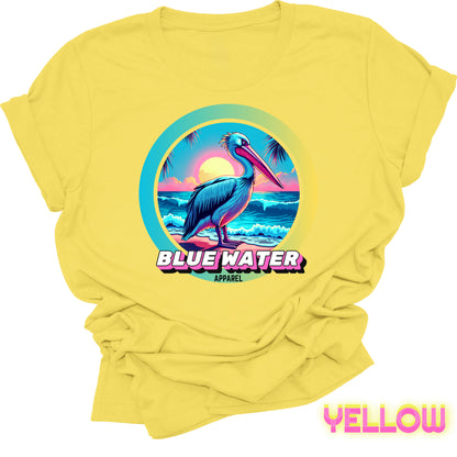flat lay front graphic yellow retro pelican tee by blue water apparel