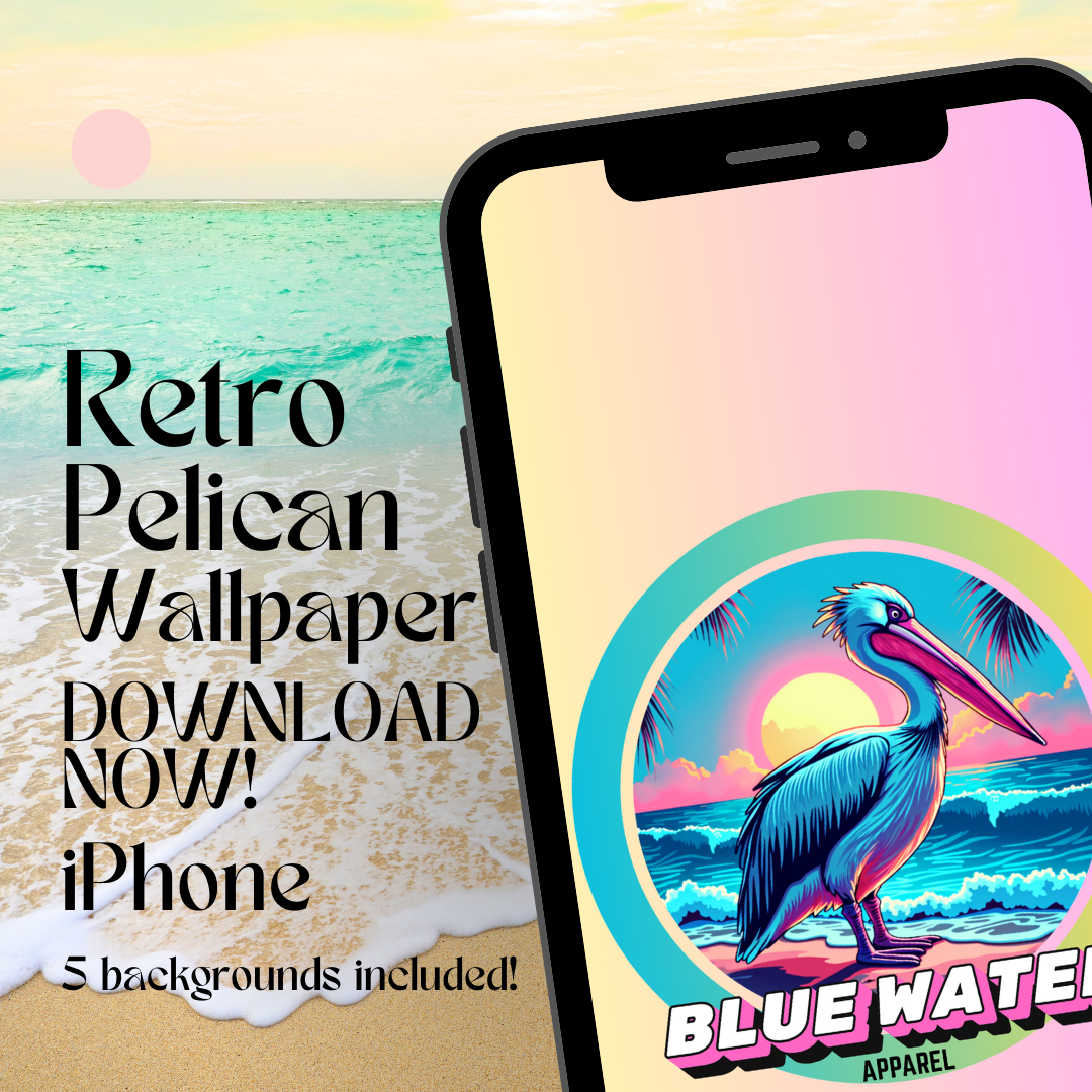 retro pelican iPhone wallpaper mockup with beach background by blue water apparel