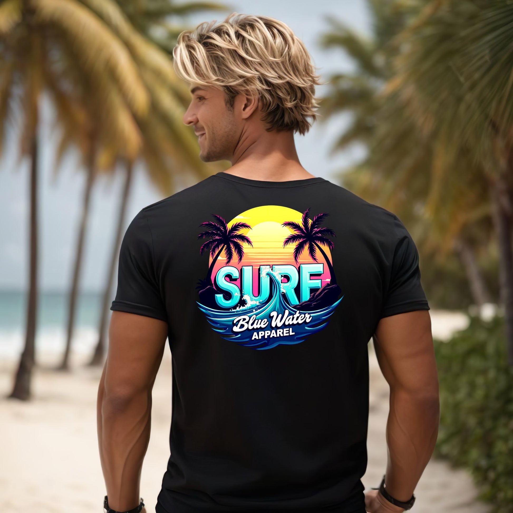 male model on beach wearing black retro surf tee by blue water apparel