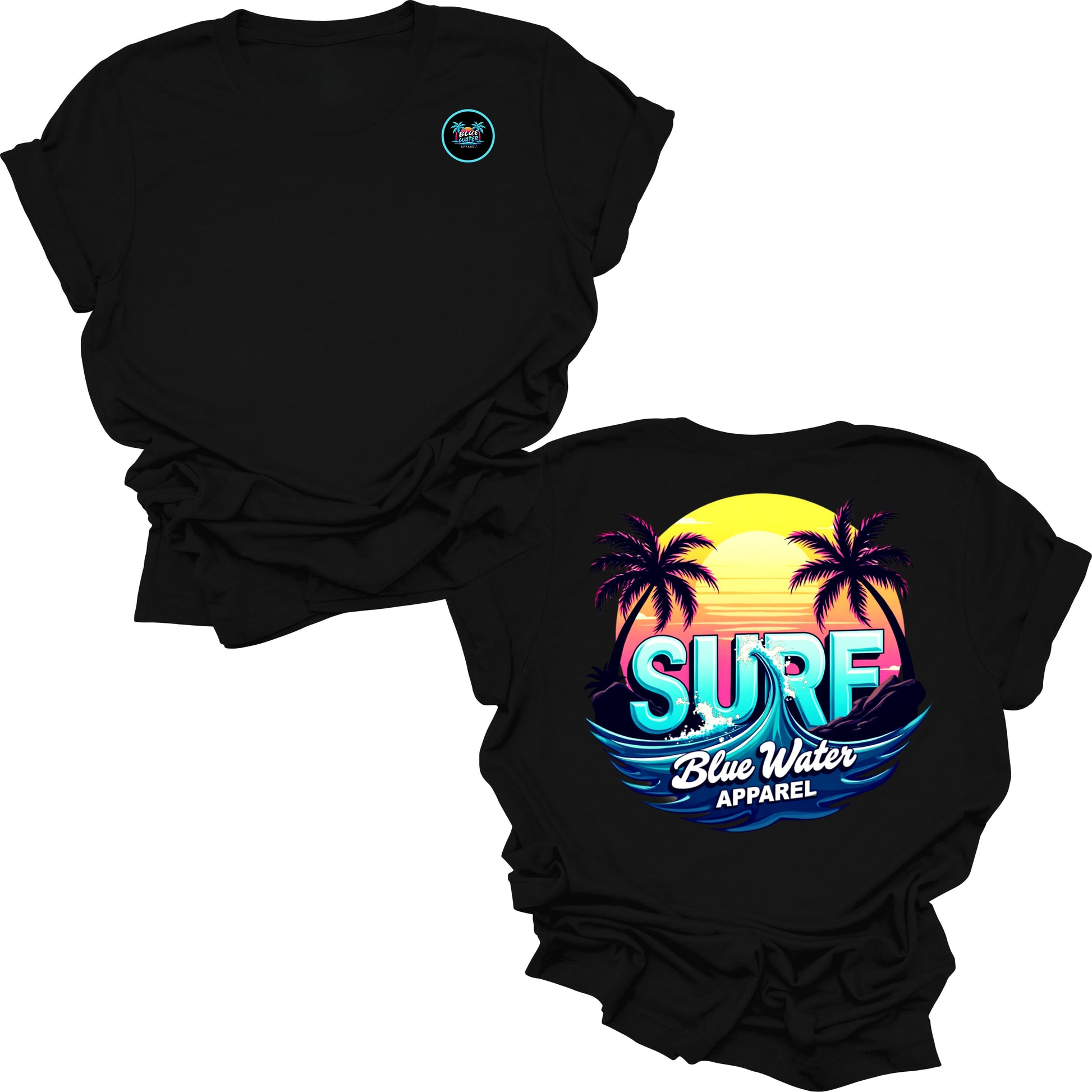 Flat lay black retro surf tee by blue water apparel
