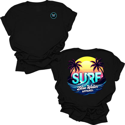 Flat lay black retro surf tee by blue water apparel