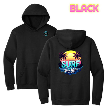 flat lay black retro surf hoodie by blue water apparel