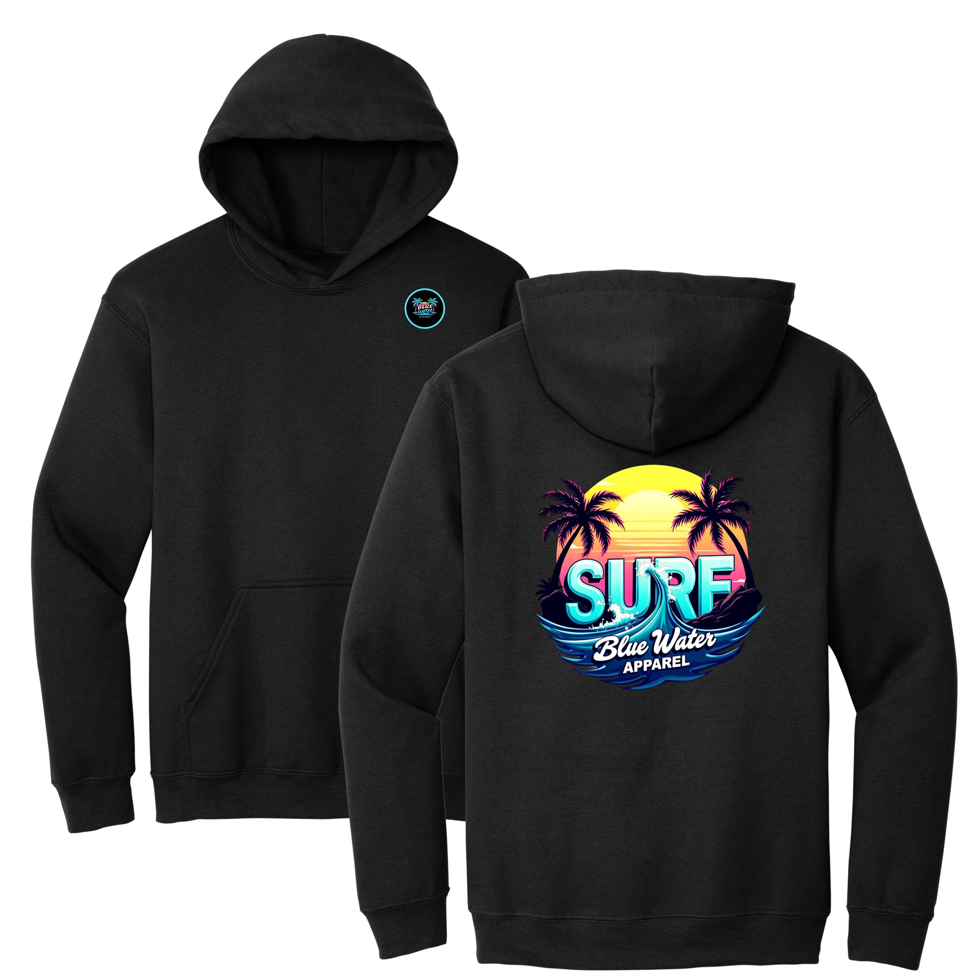 flat lay black retro surf hoodie by blue water apparel