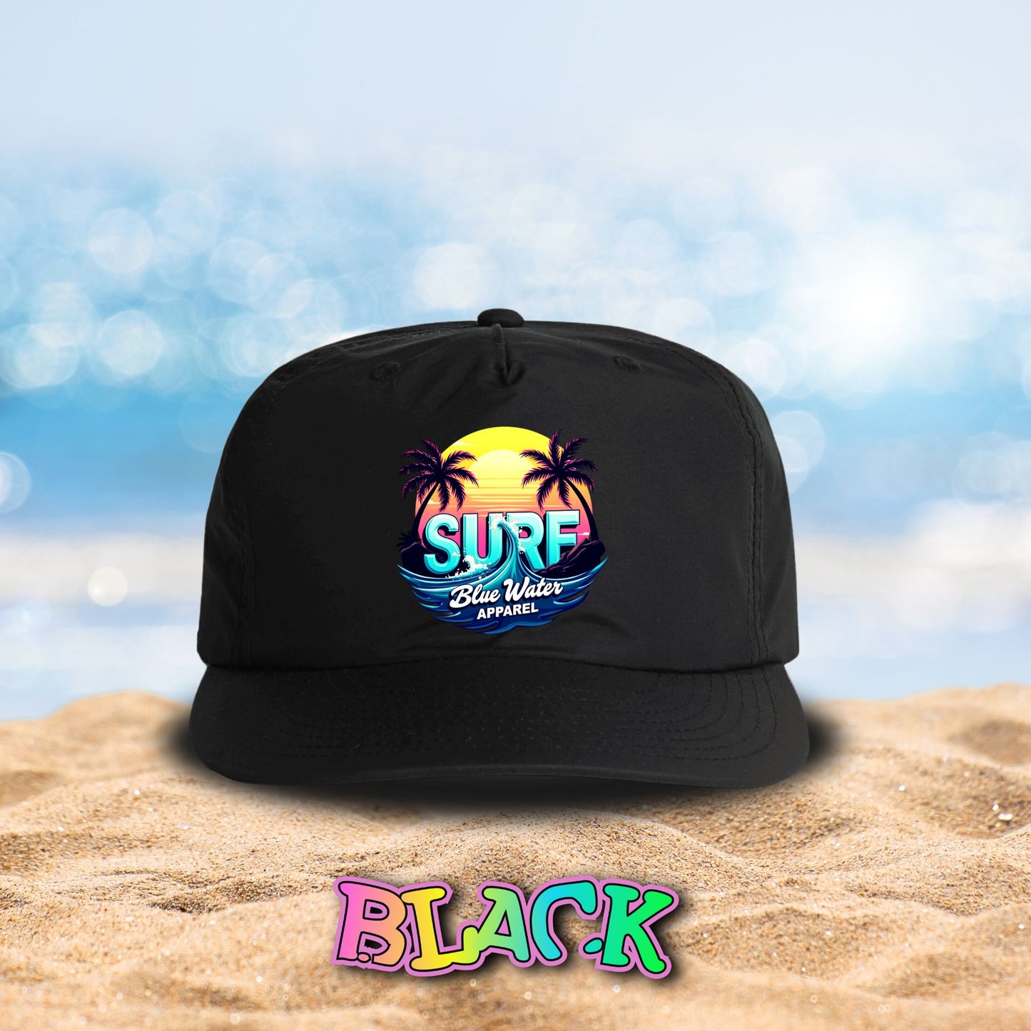 front view black retro surf surf cap by blue water apparel
