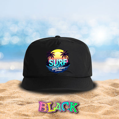 front view black retro surf surf cap by blue water apparel