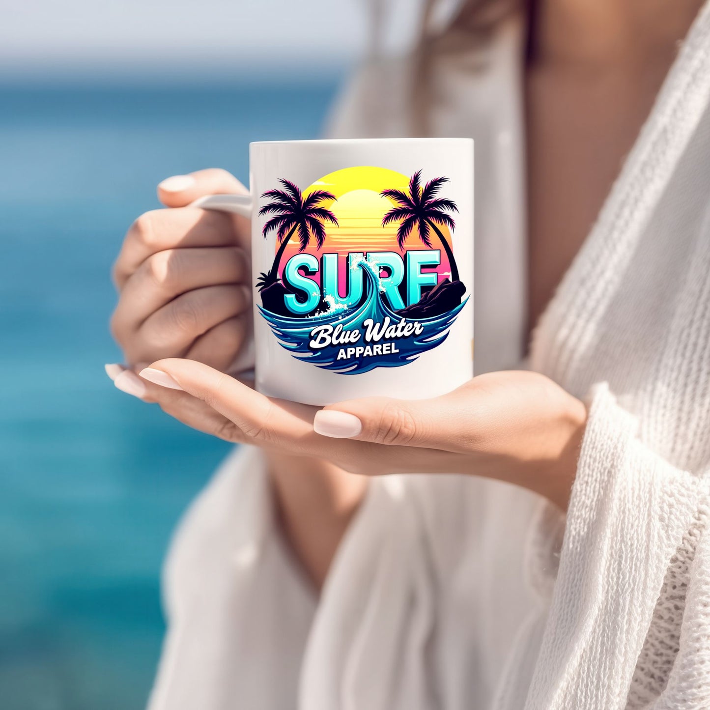 model on beach holding retro surf mug by blue water apparel