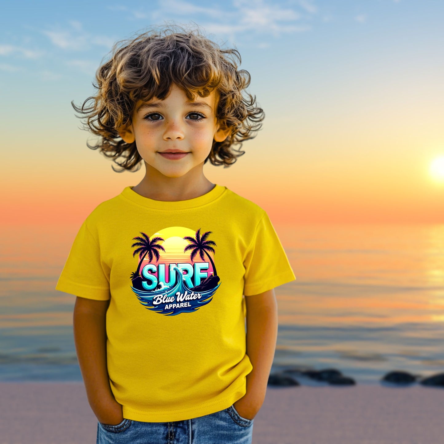 child model wearing daisy retro surf tee by blue water apparel