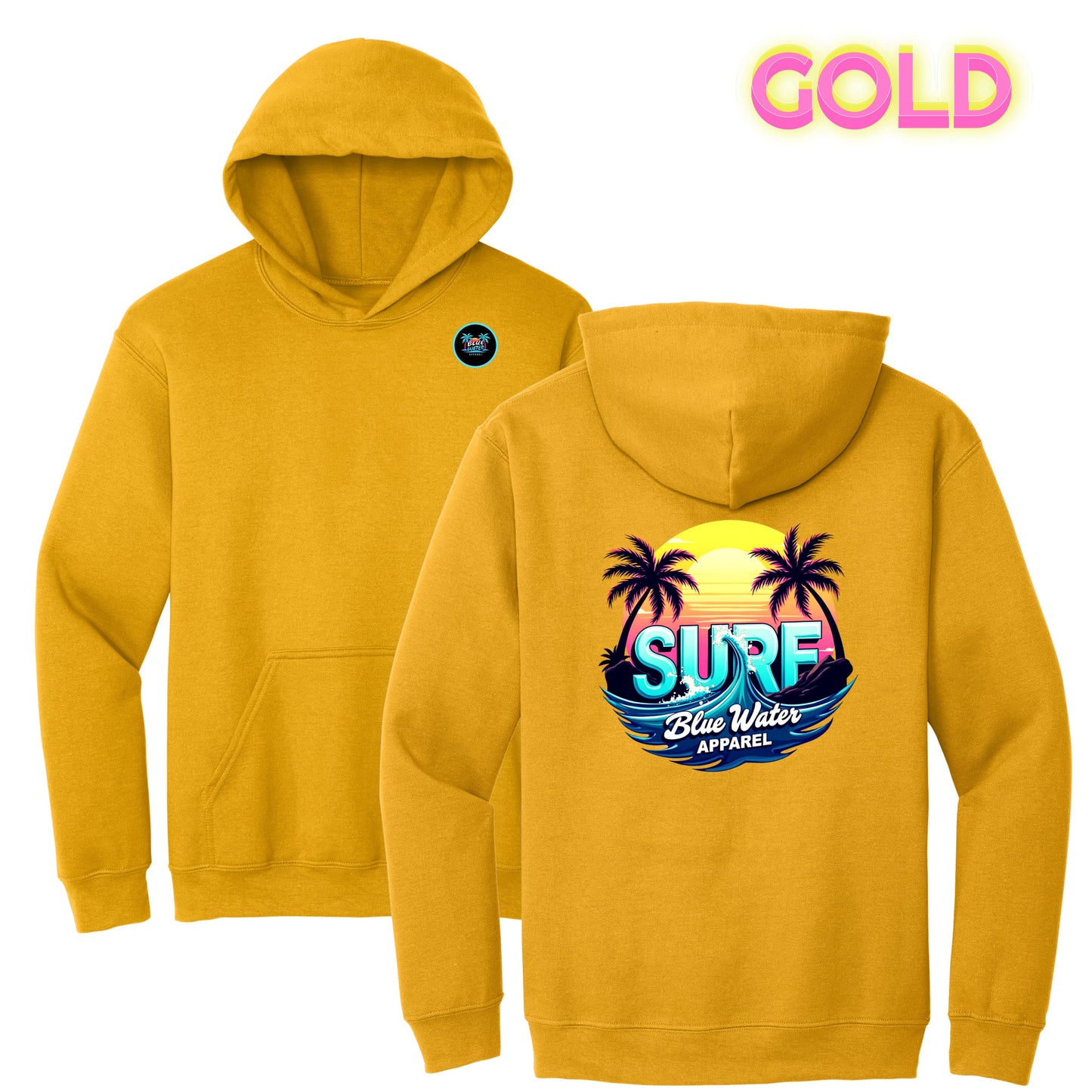 flat lay gold retro surf hoodie by blue water apparel
