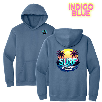 flat lay indigo blue retro surf hoodie by blue water apparel
