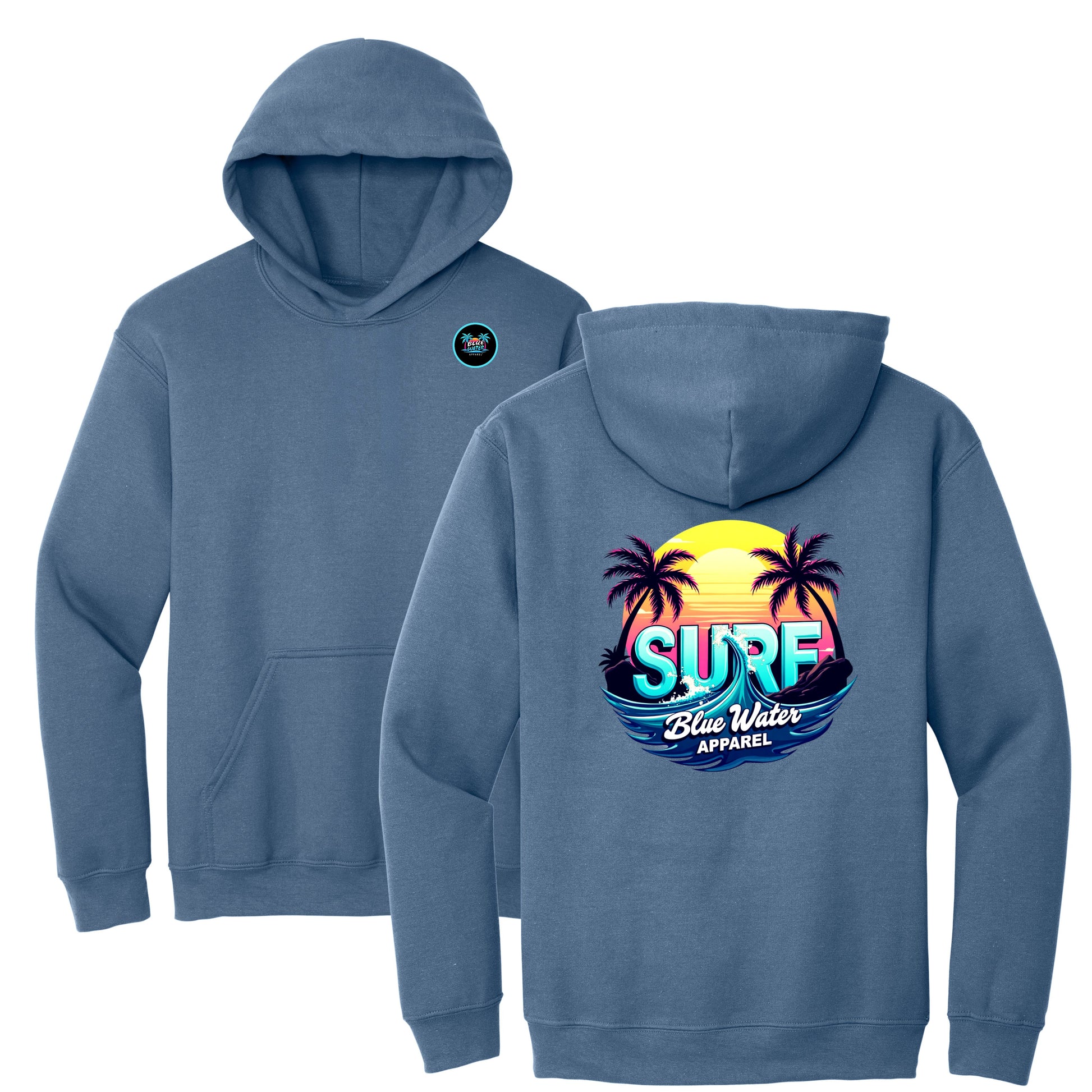 flat lay indigo blue retro surf hoodie by blue water apparel