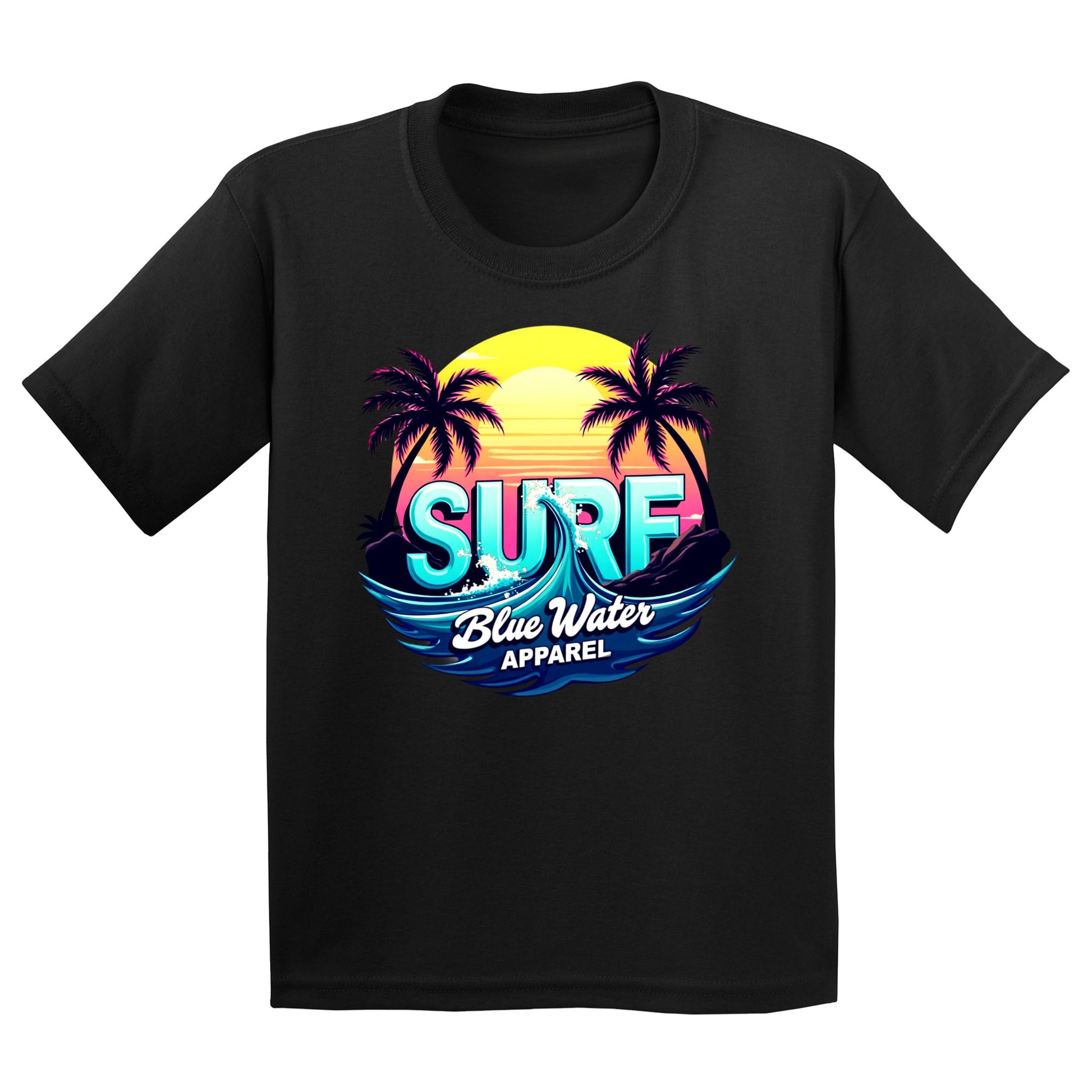 flat lay black retro surf kids tee by blue water apparel