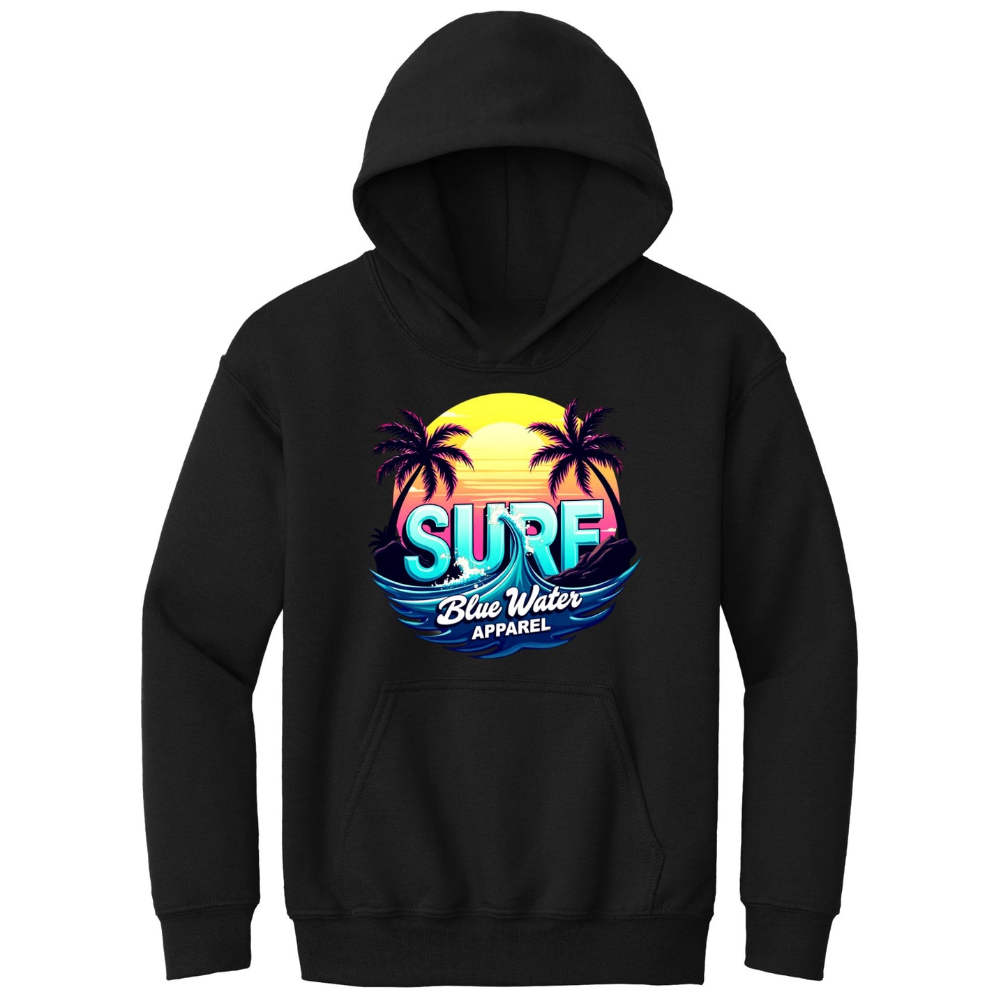 flat lay black retro surf kids hoodie by blue water apparel