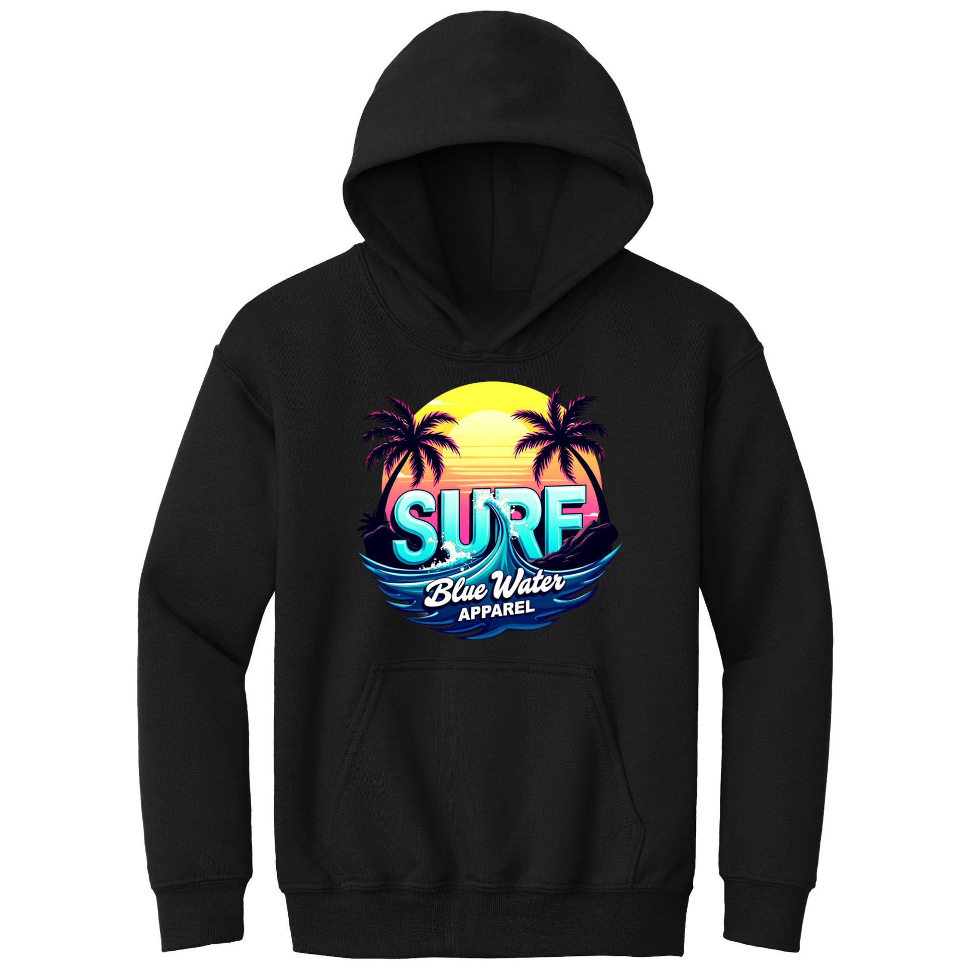 flat lay black retro surf kids hoodie by blue water apparel