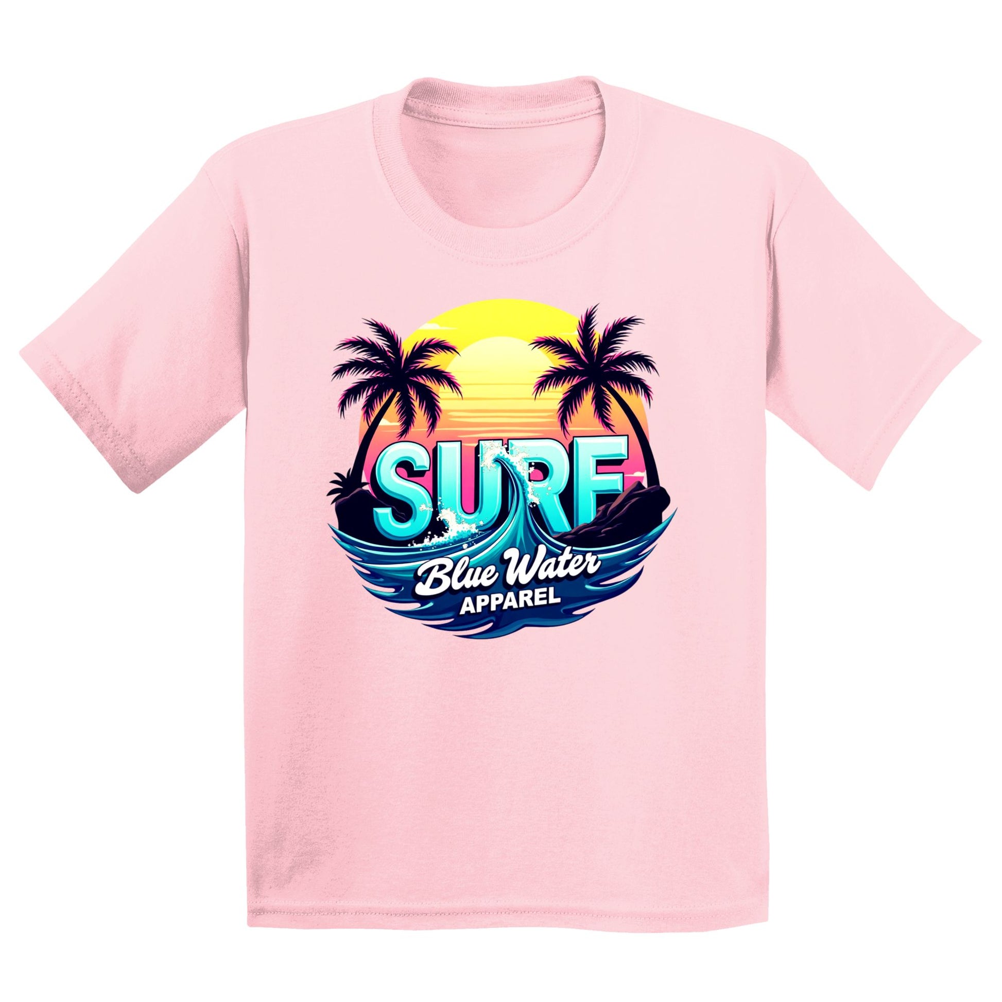 flat lay light pink retro surf kids tee by blue water apparel