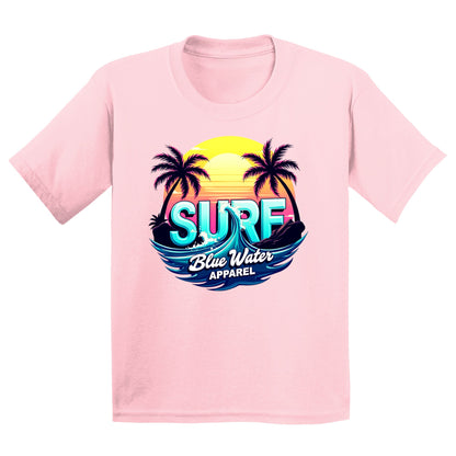 flat lay light pink retro surf kids tee by blue water apparel