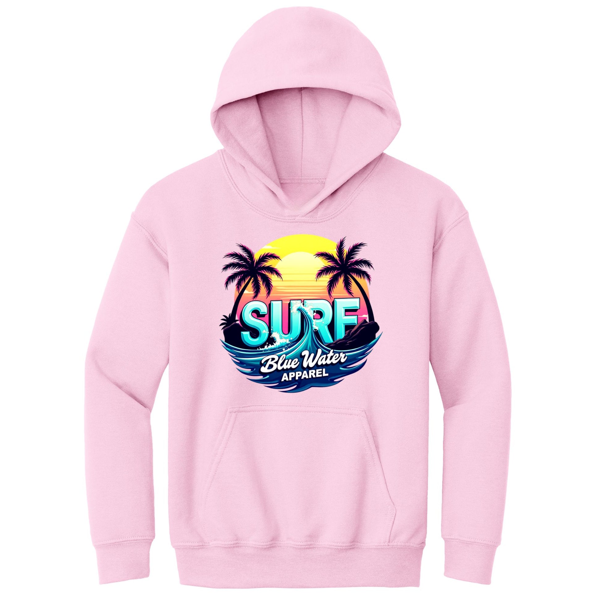 flat lay light pink retro surf kids hoodie by blue water apparel