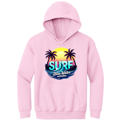 flat lay light pink retro surf kids hoodie by blue water apparel