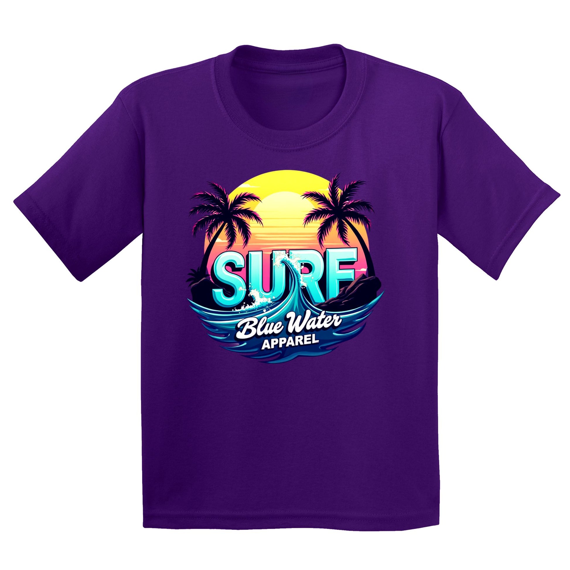 flat lay purple retro surf kids tee by blue water apparel
