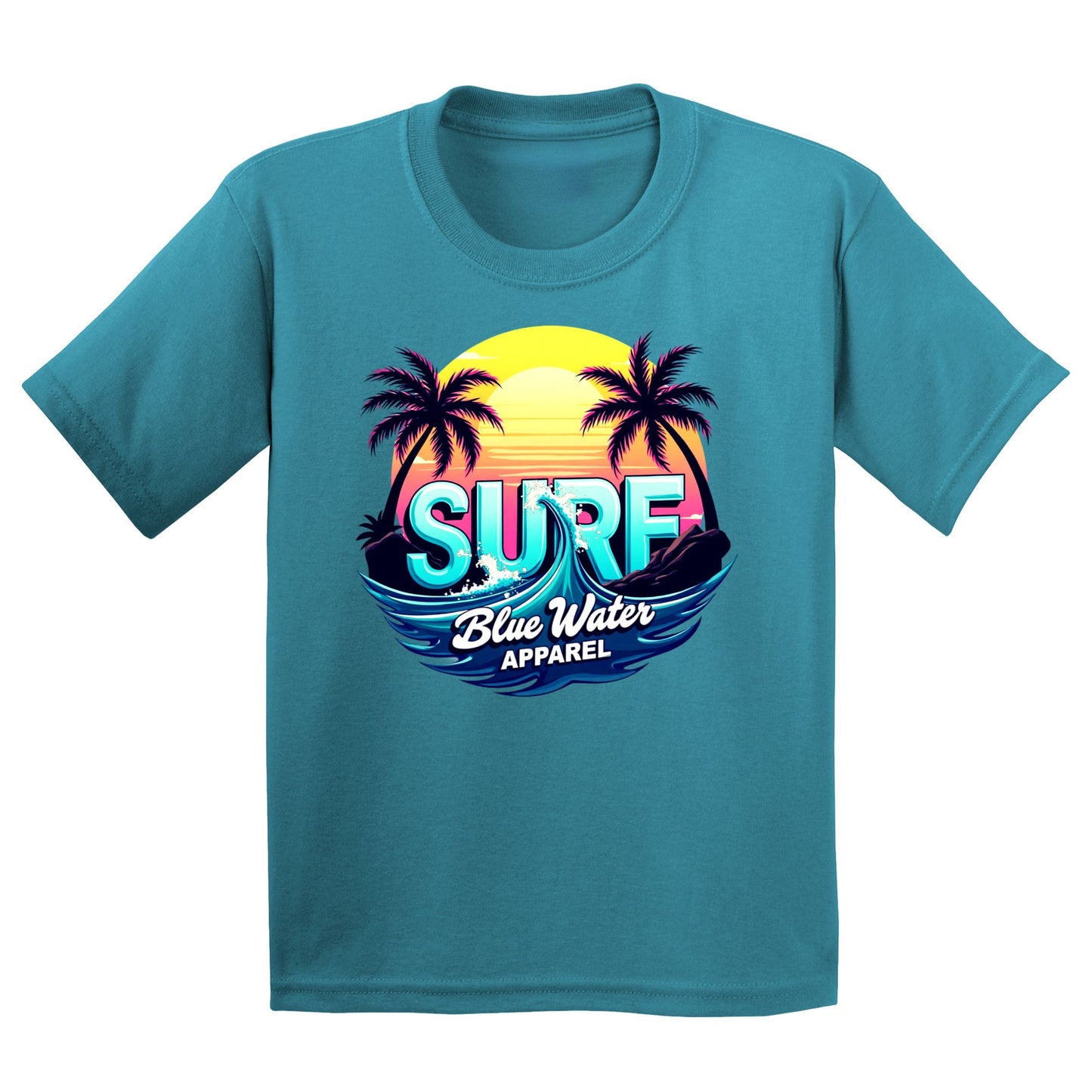 flat lay tropical blue retro surf kids tee by blue water apparel