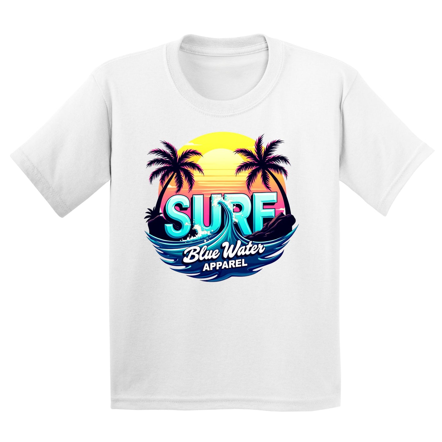 flat lay white retro surf kids tee by blue water apparel