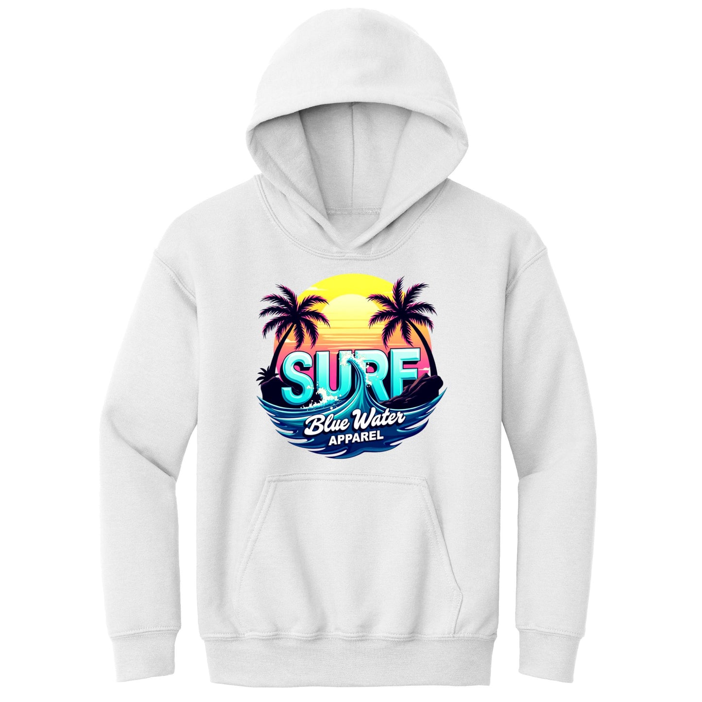 flat lay white retro surf kids hoodie by blue water apparel