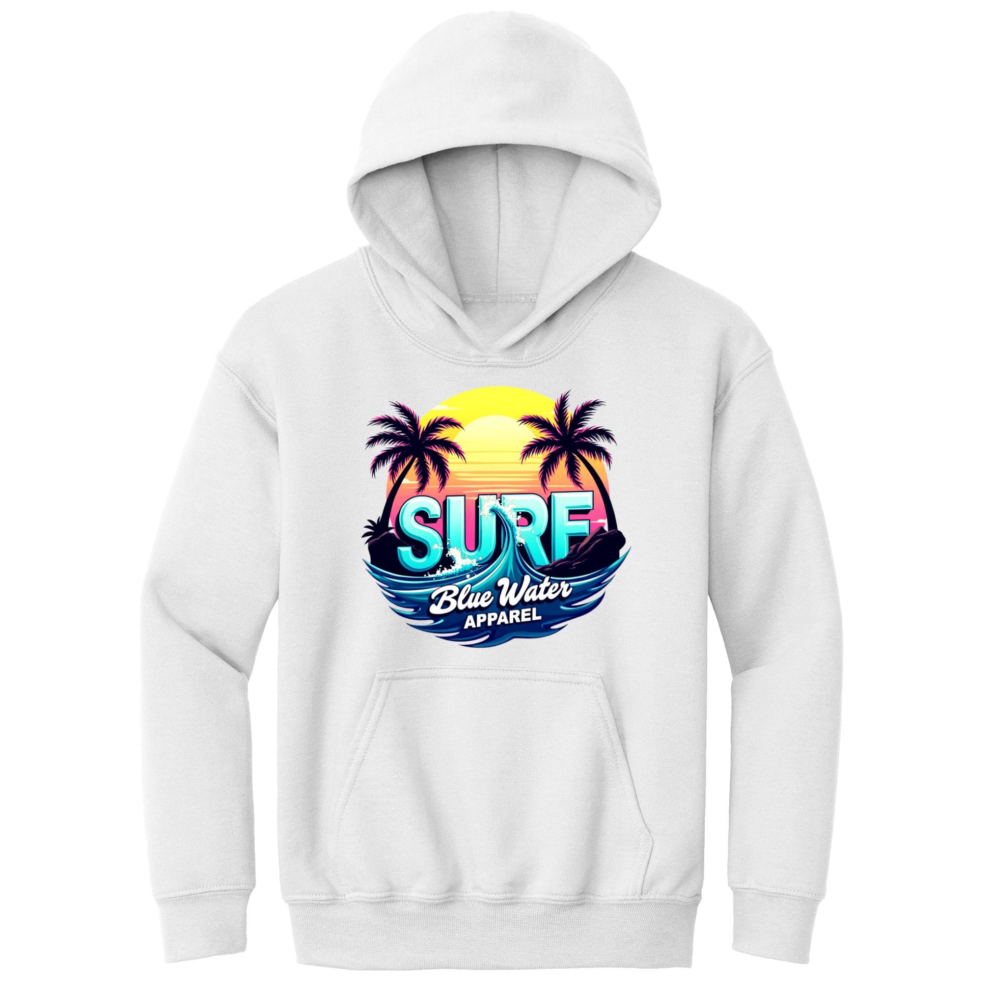 flat lay white retro surf kids hoodie by blue water apparel