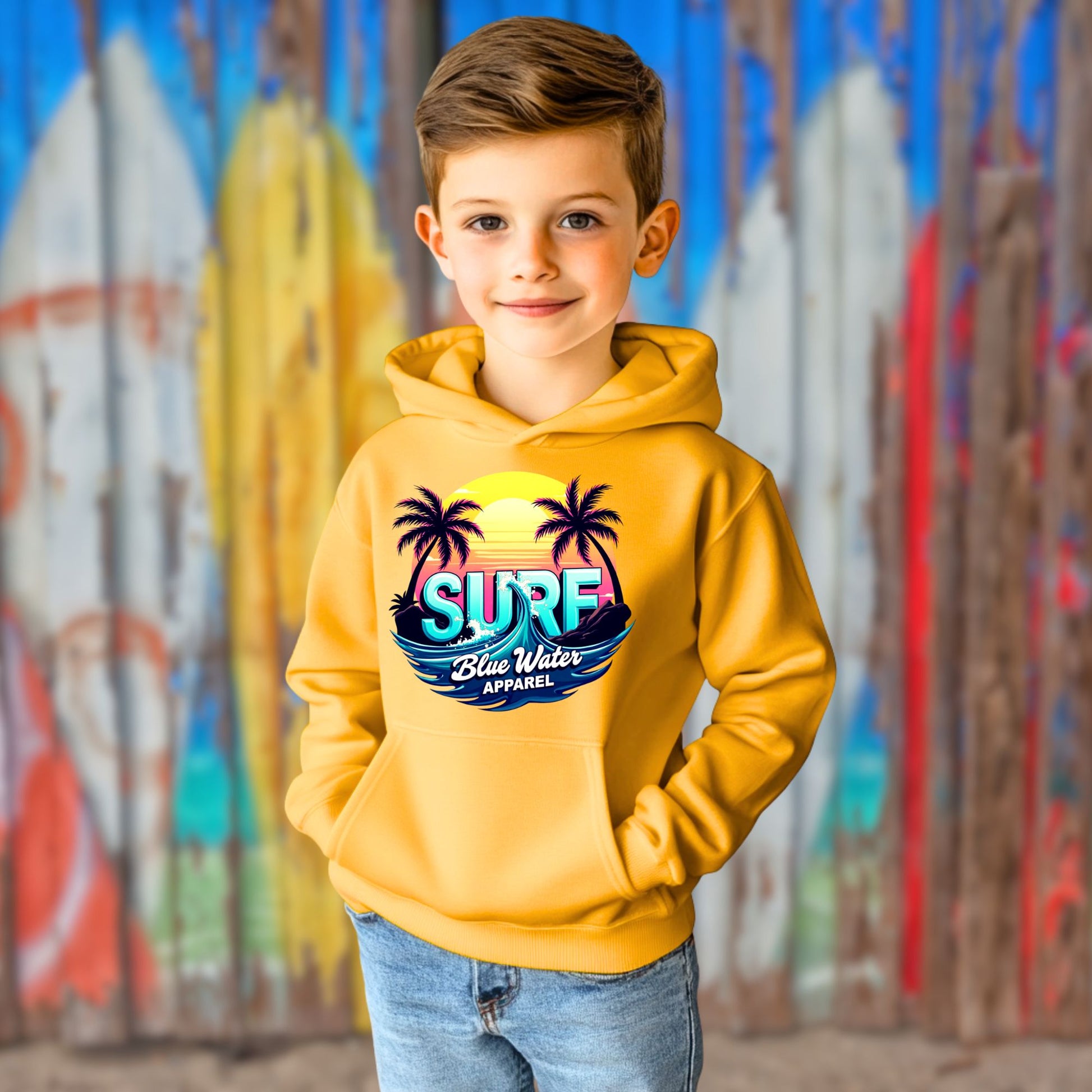 child model against surfboard painted fence wearing gold retro surf kids hoodie by blue water apparel