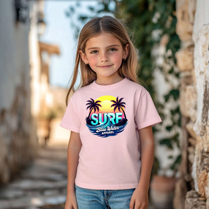 child model wearing light pink retro surf tee by blue water apparel